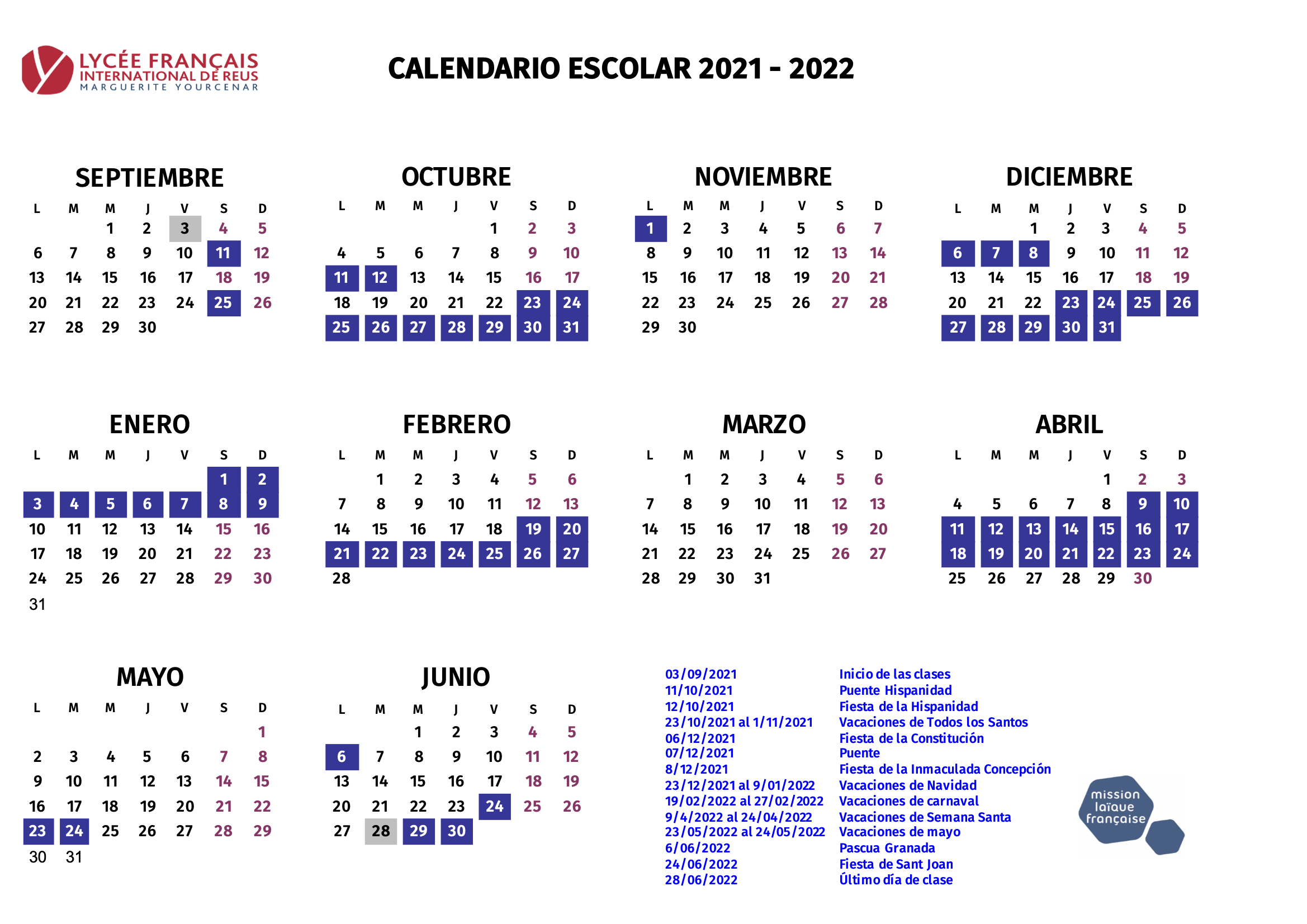 Calendario escolar de Colegio francés internacional de Reus